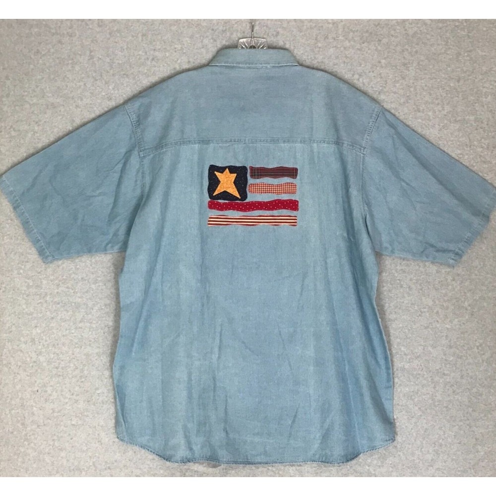American Flag Patchwork-Style Denim Shirt Mens XL Button Up‎ Lighthouse Apparel
